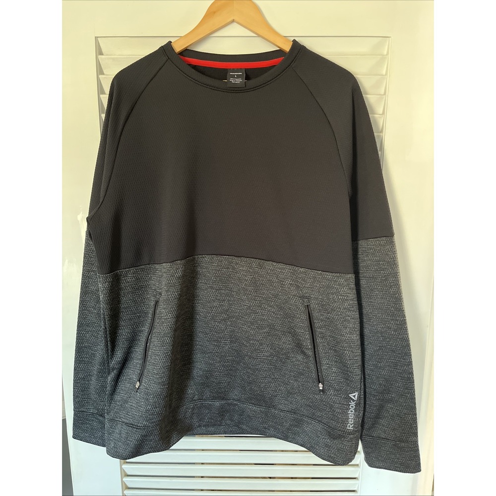 Reebok Mens‎ Large Black Gray Speedwick  Activewear Pullover Sweatshirt Pockets